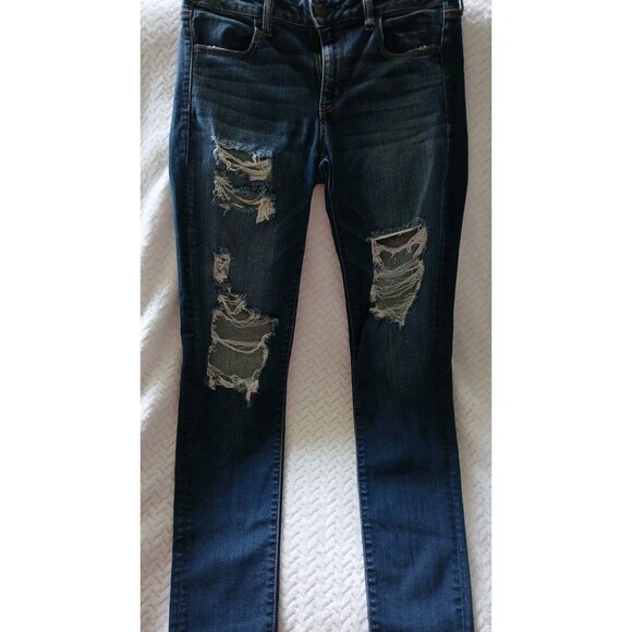 American Eagle Womens 10 L Super Stretch X Distressed jegging Jeans Dark Wash - Picture 2 of 16